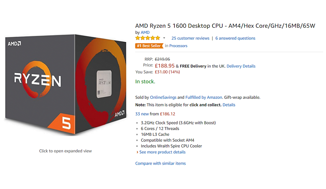 AMD Ryzen 5 1600 leads Amazon's Best Sellers List