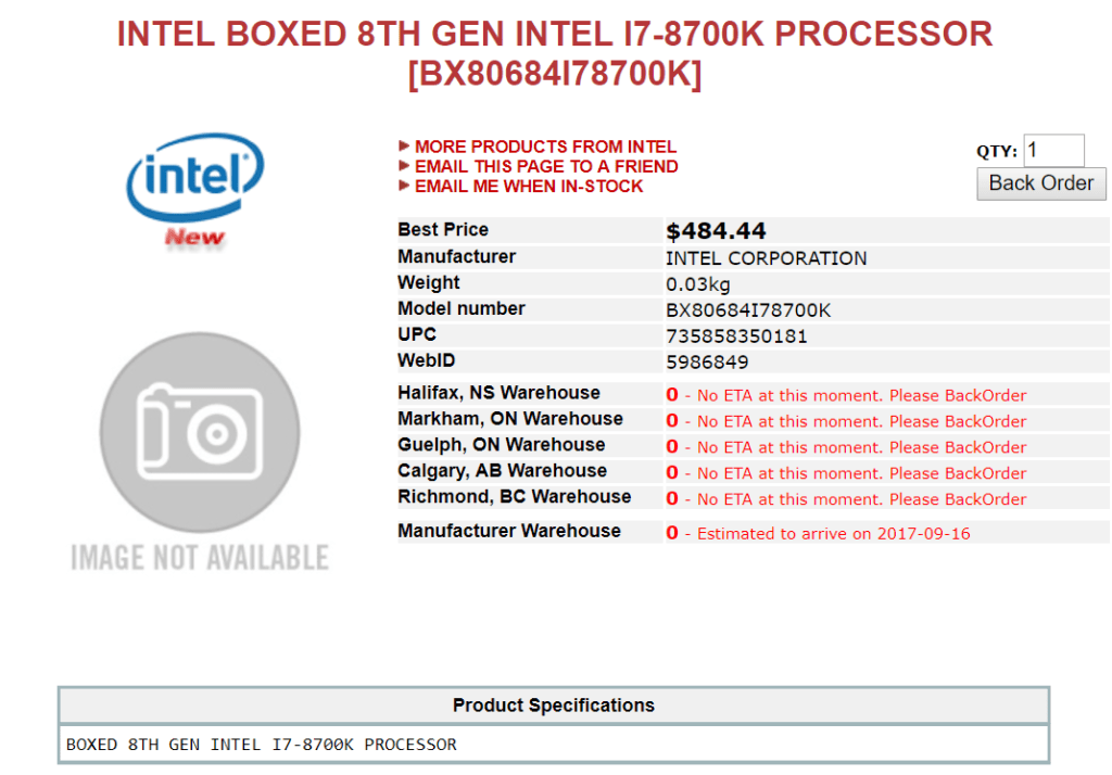 Intel 8th Gen Coffee Lake Prices from PCCanada - Core i7-8700K listing