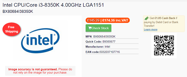 Intel Core i3-8350K UK pricing