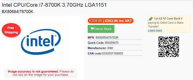 Intel Core i7-8700K UK pricing