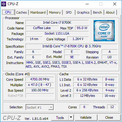 Intel Core i7-8700K CPU-Z shot