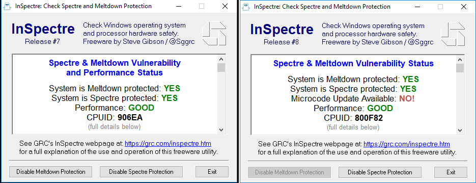 InSpectre Core i7-8700K vs Ryzen 7 2700X