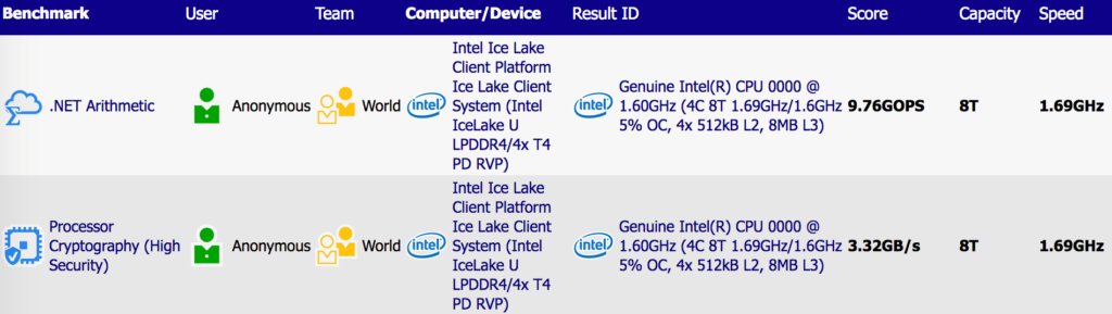 Intel Ice Lake SiSoft Sandra benchmark