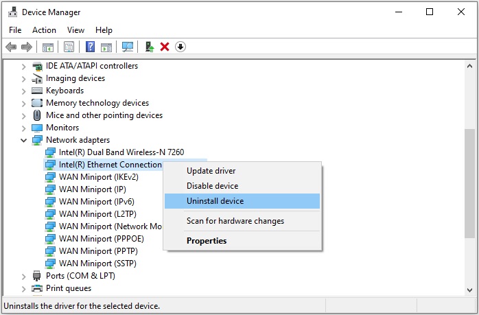 Uninstall network adapter