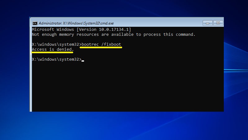 bootrec /fixboot access denied in windows 10