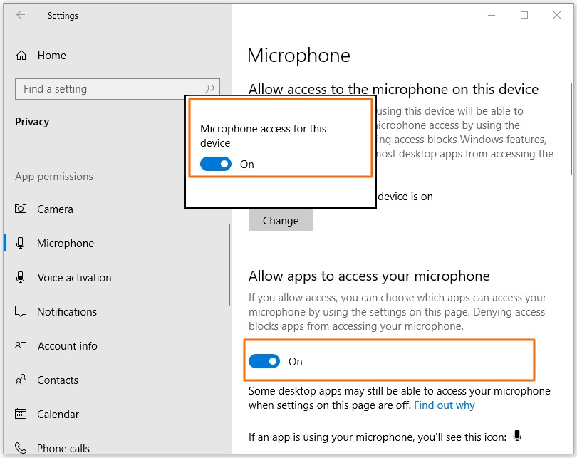 Windows 10 microphone access