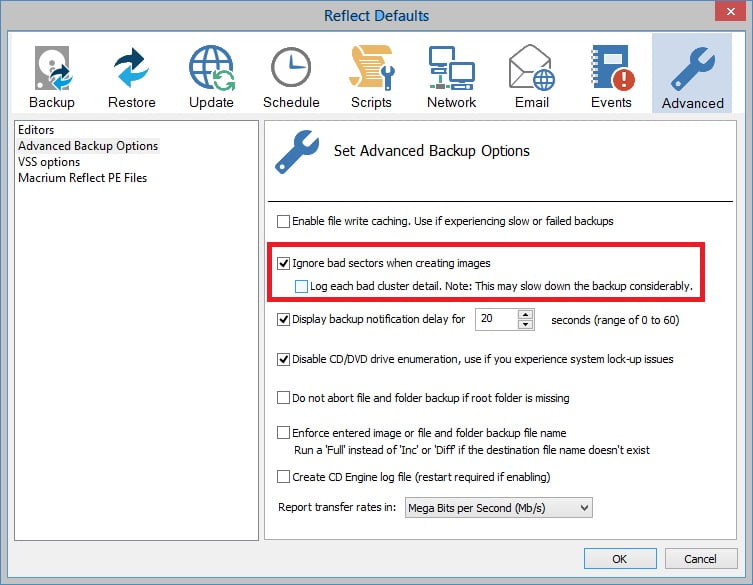 Set Macrium Reflect to ignore bad sectors