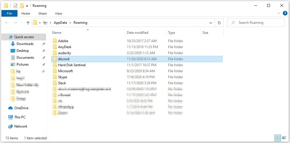 Delete the Discord folder from AppData