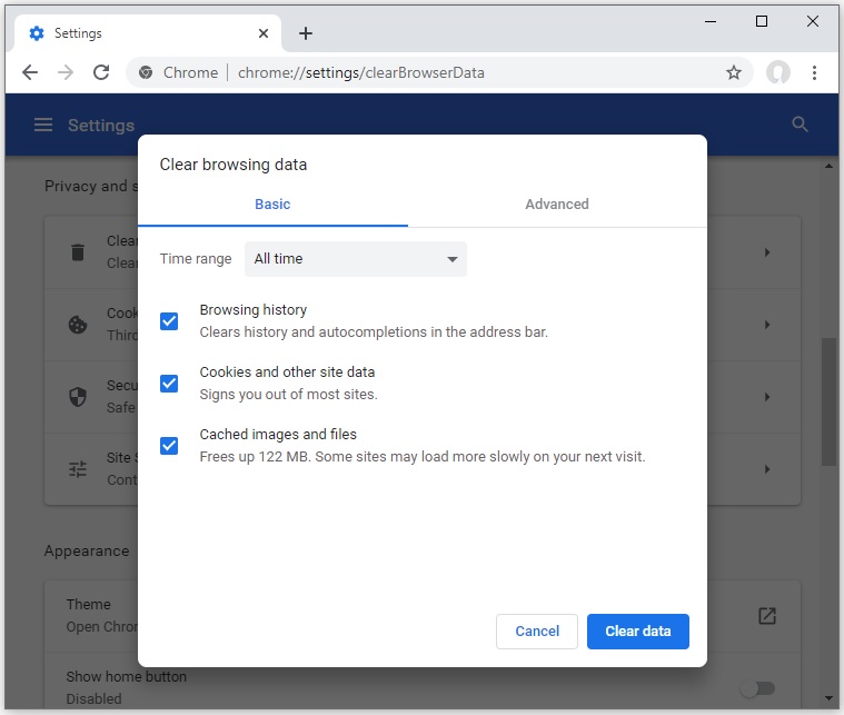 Delete the cache and cookies in browser