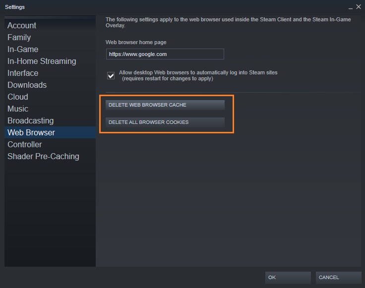 Clear Steam browser cache to fix Friends Network Unreachable error