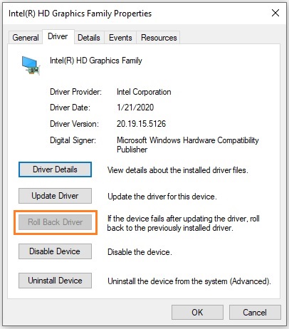 Fix 'Display driver failed to start' error by rolling back the graphics driver