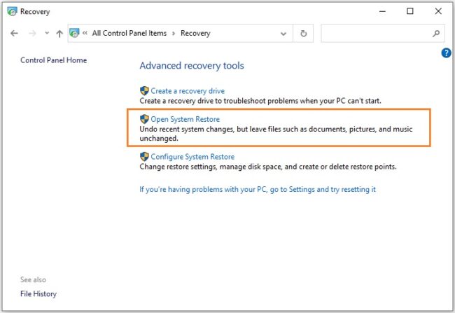 Open Windows System Restore tool