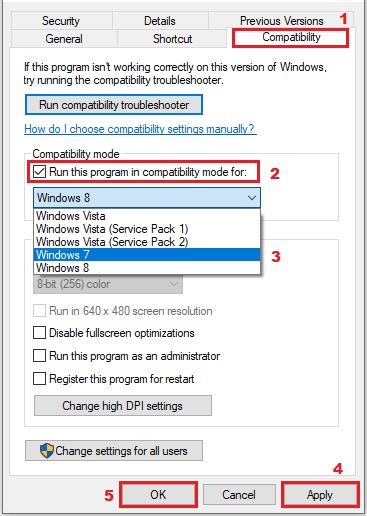 Run in compatibility mode to fix error 0xc00007b