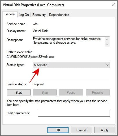 Change the Startup Type of the Virtual Disk Service