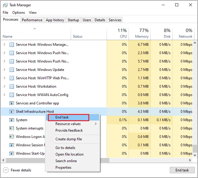 Restart Shell Infrastructure Host process