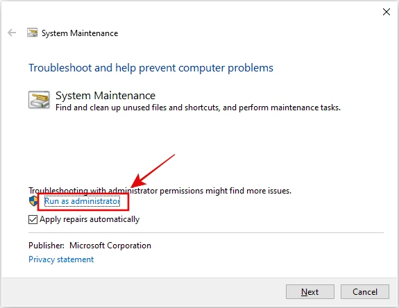 Run System Maintenance Troubleshooter - Run as administrator