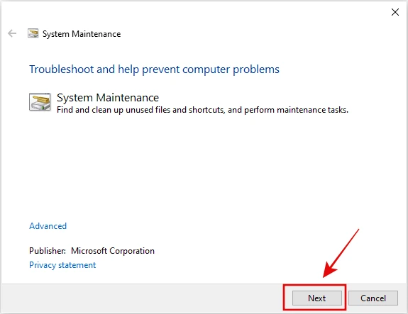 Run System Maintenance Troubleshooter - Next