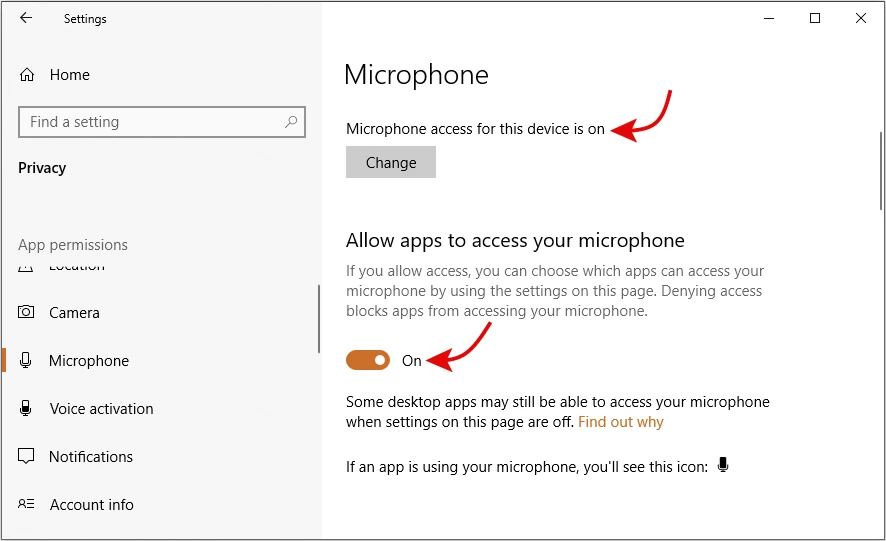 Check microphone privacy settings