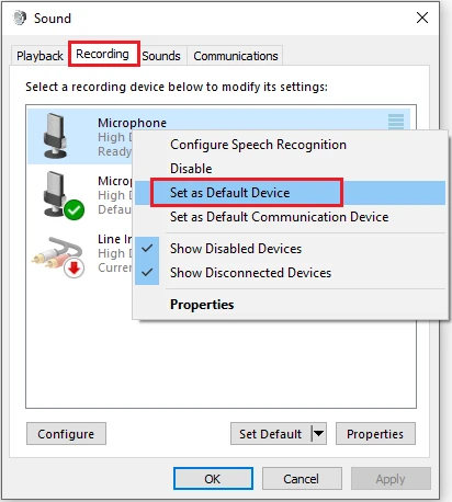 Set microphone as the default device